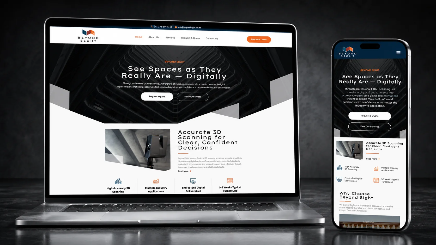 Beyond Sight website preview with orange and white 3D scanning branding