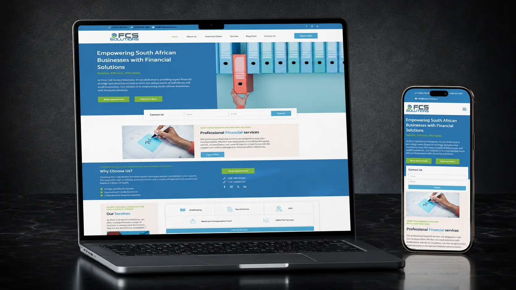FCS Solutions website preview on a laptop and phone